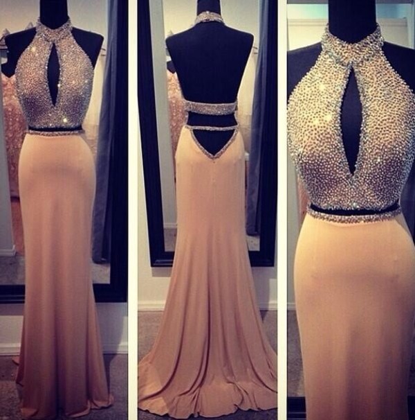 high neck open back prom dress