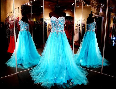Stunning Sweetheart Bodice Beaded Blue Tulle Long Prom Dress,a Line Lace Back Up Prom Gown, Handmade Evening Gowns, Formal Women Dresses
