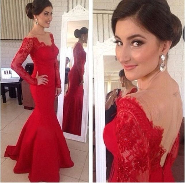 red lace gown with sleeves