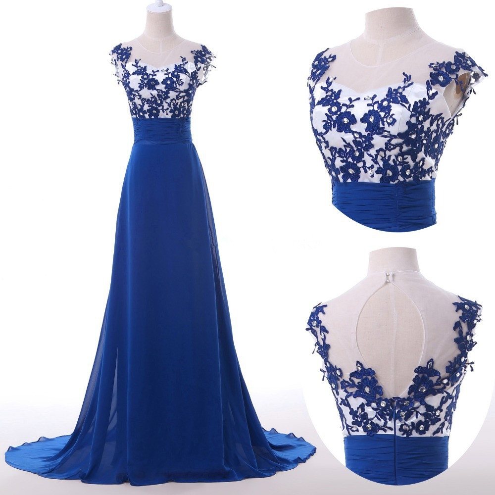 2017 Vintage Retro Floor Length Lace Royal Blue Chiffon Long Evening Dresses Hollowed Back Formal Prom Gown Cap Sleeves Open Back Prom Dress
