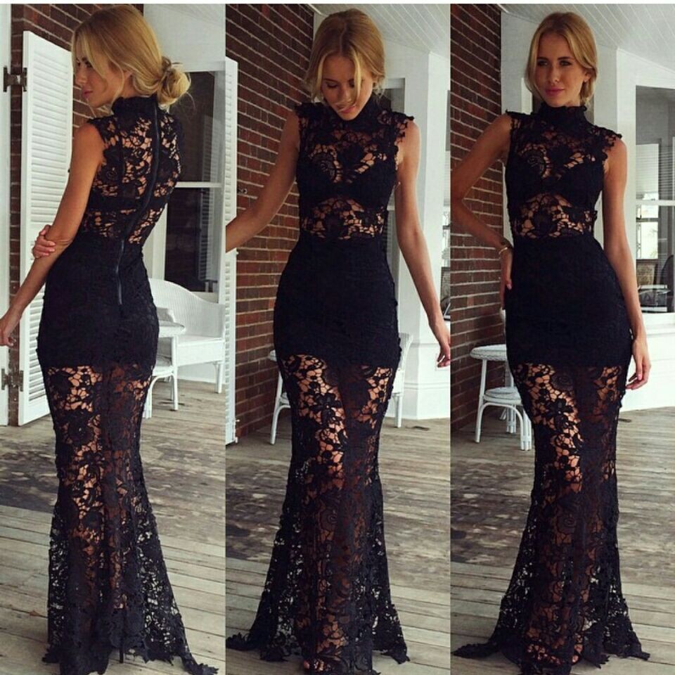 black lace floor length formal gown