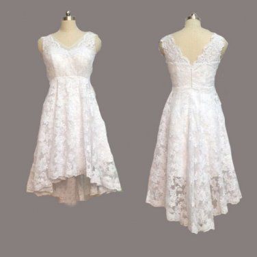 Vintage Ivory Lace Front Short Long Back Beach Wedding Dress V Neck