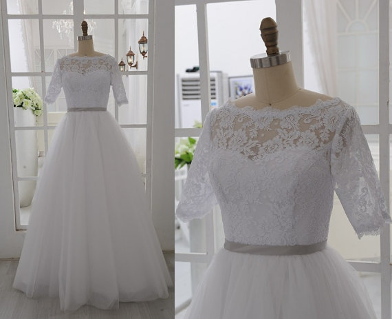 High Neck Half Short Sleeves Lace Wedding Gown,A Line Floor Length White Wedding Dress, Custom Made Cheap Bridal Wedding Gowns,