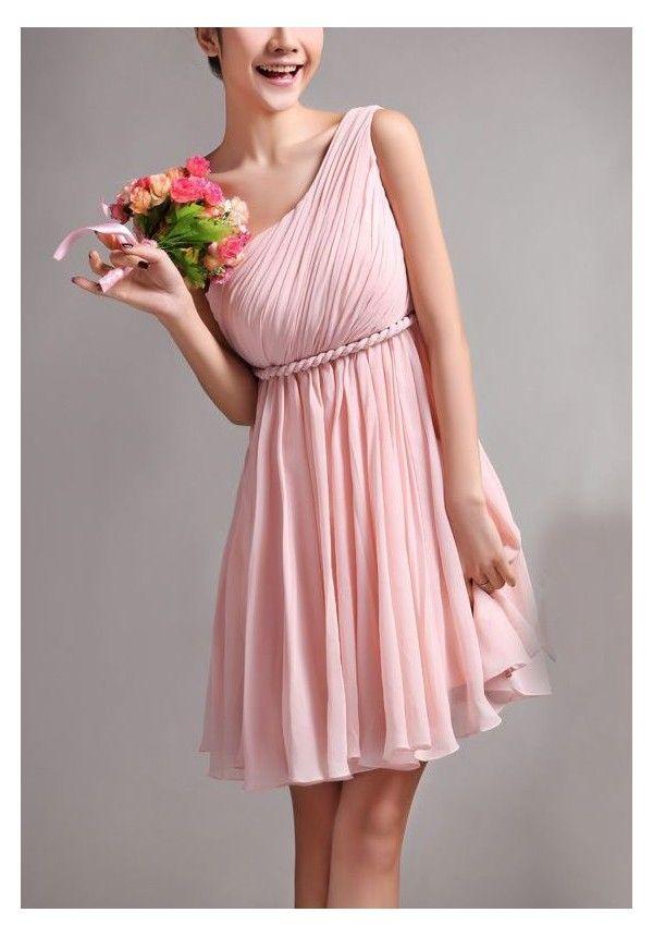 Custom Made Pink One Shoulder Neckline Chiffon Knee Length Bridesmaid Dress, Homecoming Dress