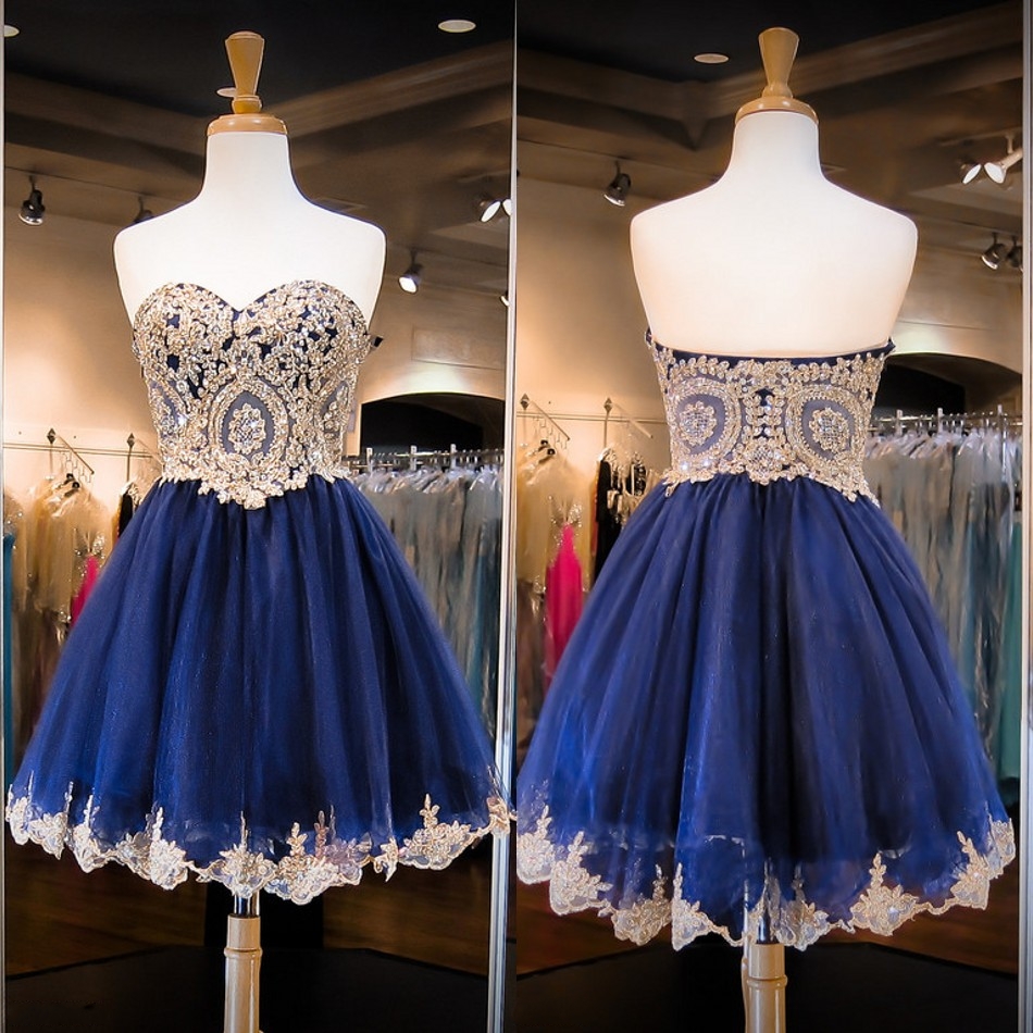 Sweetheart Neck Gold Lace Dark Blue Homecoming Dress Navy Blue Short Prom Dress,a Line Mini Length Graduation Dresses