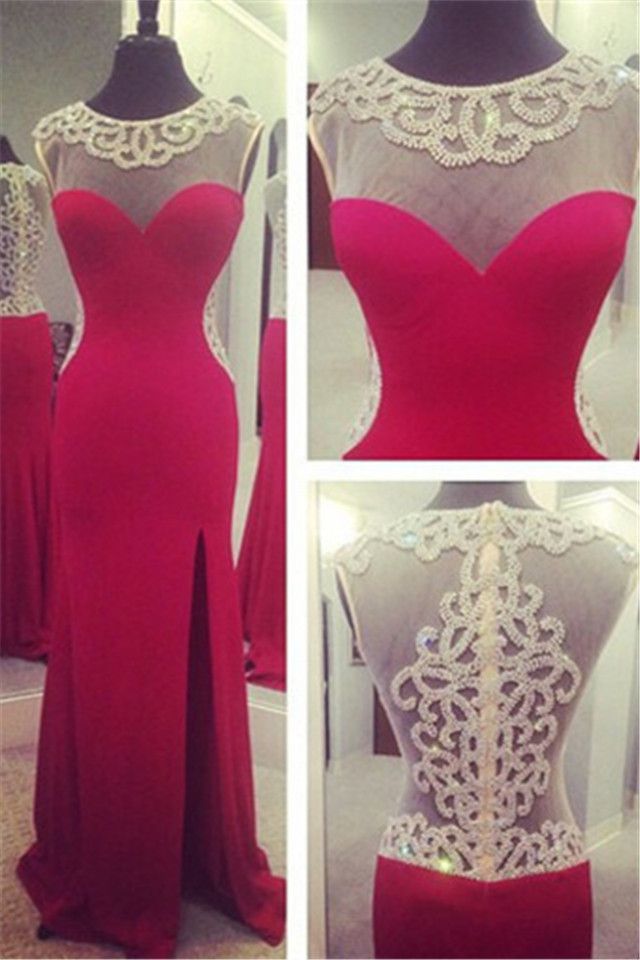 Open Back Front Split Mermaid Red Long Prom Dress,see Through Beaded Crystal Bodice Sexy Evening Dresses Prom Gown,graduation Dress