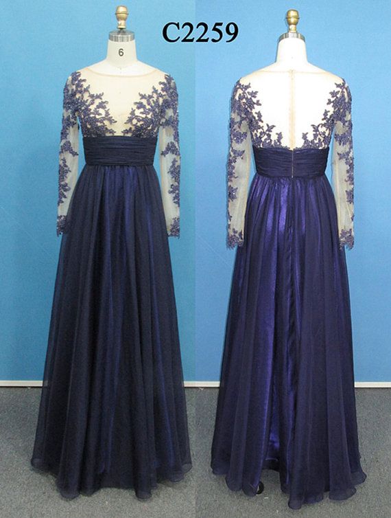 Long Sleeves Dark Blue Lace A Line Floor Length Prom Dresses,see Through Navy Blue Plus Size Evening Dress Prom Gown,high Neck Bridal Of Mother