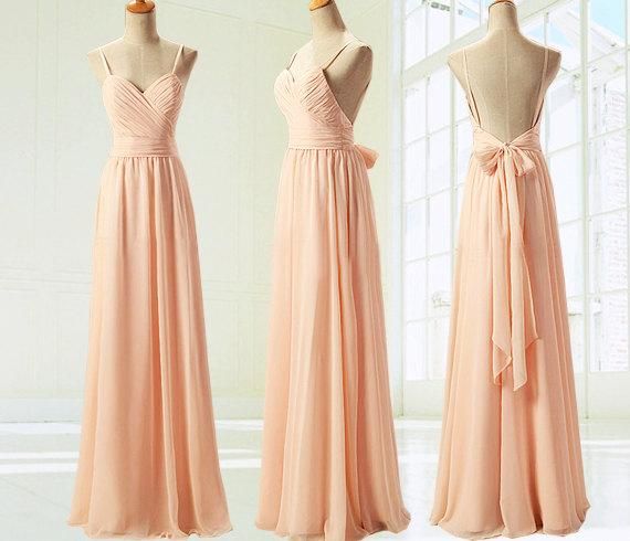 Peach Chiffon Plunge V Spaghetti Straps Floor Length A-line Formal Dress Featuring Bow Accent Open Back, Prom Dress