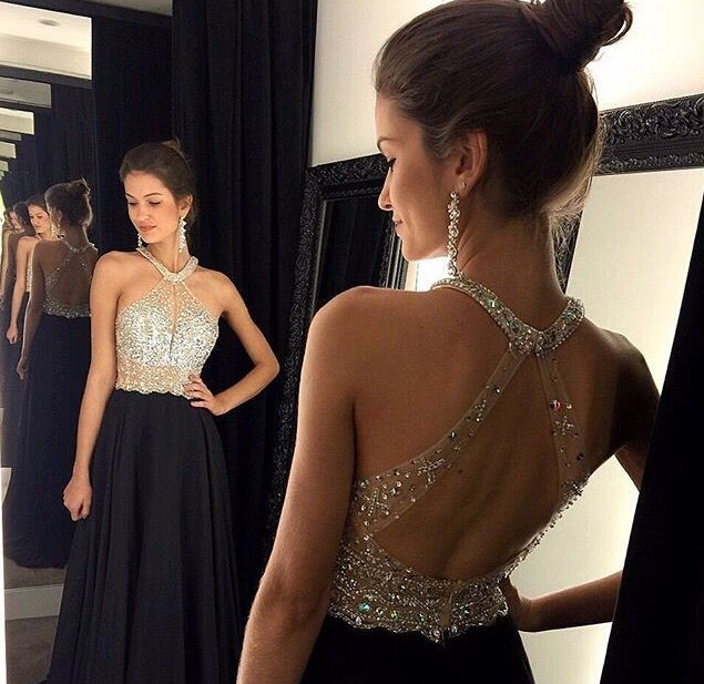 open back black prom dress