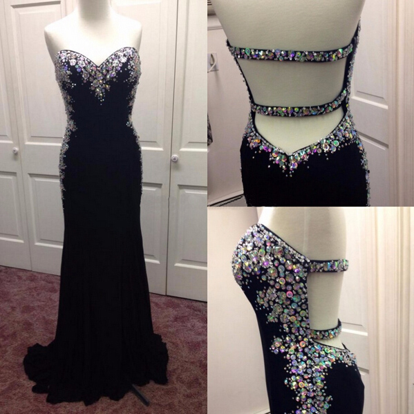 Arrive Backless Mermaid Black Prom Dresses,open Back Sweetheart Neck Crystals Beaded Prom Dress,sexy Sheath Evening Dress Party Gowns