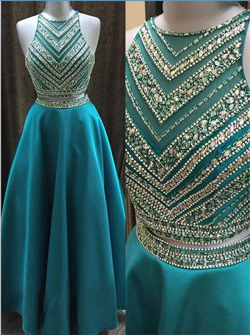 2 Pieces Bodice Green Prom Dresses,high Neck Mid Section Evening Dress,beaded Prom Gowns, Graduation Dresses 2016,wedding Party Dress