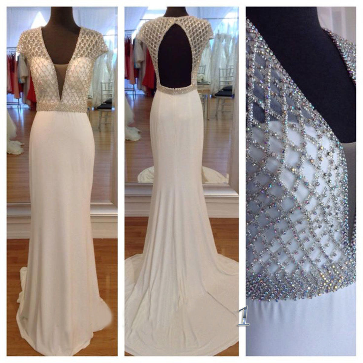 White Deep V Neck Prom Dresses,backless Mermaid Evening Dresses,charming Beaded Sheath Long Prom Gown,cap Sleeves Evening Gowns 2016
