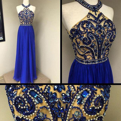 Charming Royal Blue Long Prom Dresses,heavy Beads Crystal See Through Prom Gowns,a Line Halter Evening Dress,sexy Graduation Dresses,prom Dress