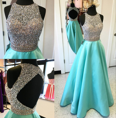 Heavy Beaded Bodice Mint Prom Dresses,backless High Neck Long Prom Gowns,open Back A Line Evening Gown,sexy Graduation Dresses,formal Women Dress