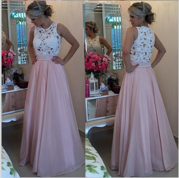 White Lace Pale Pink Prom  Dresses  High Neck See Through 