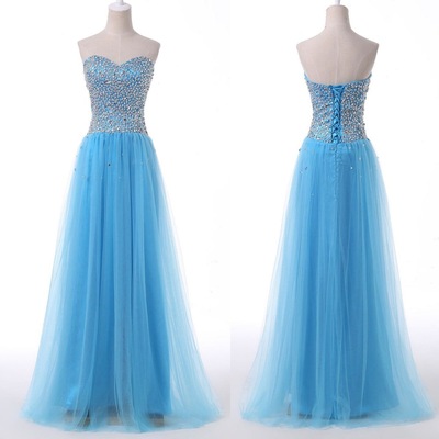 Sweetheart Neck Blue Tulle Prom Dresses,long Prom Dresses,bodice Beaded Prom Dresses,evening Dress Prom Gowns,custom Made Formal Women