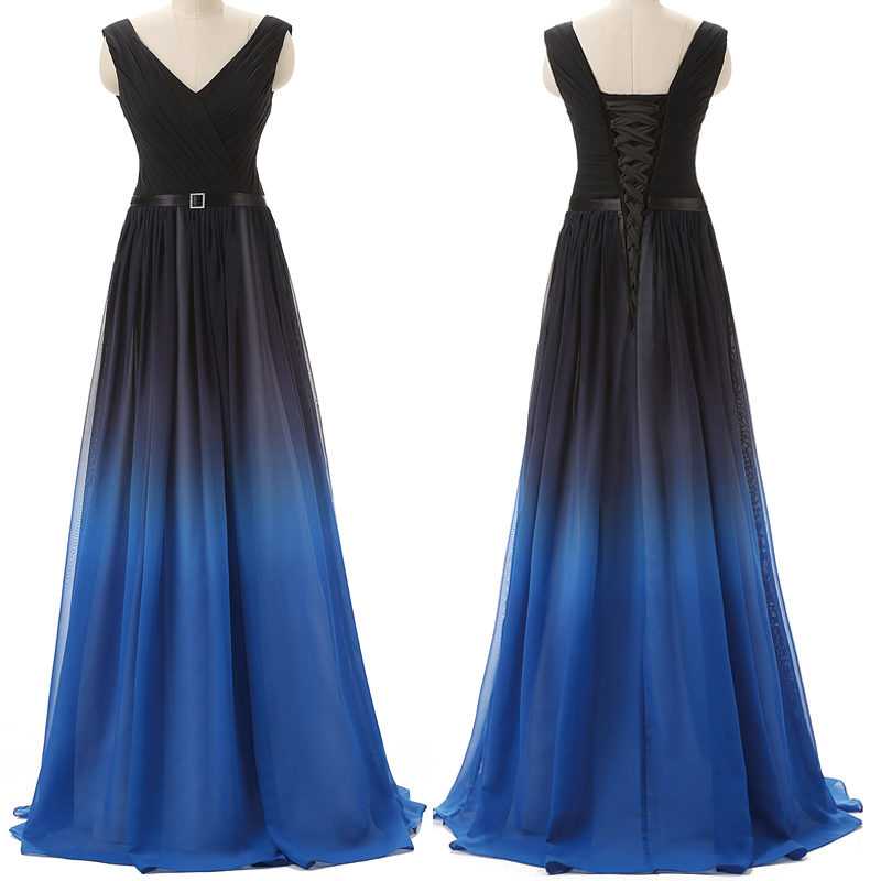 Navy Blue Royal Blue Ombre Prom Dresses 