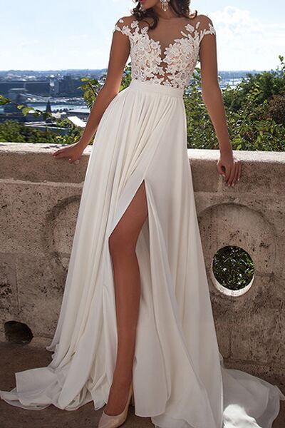 Ivory Lace Beach Wedding Dresses Front Slit See Through Wedding