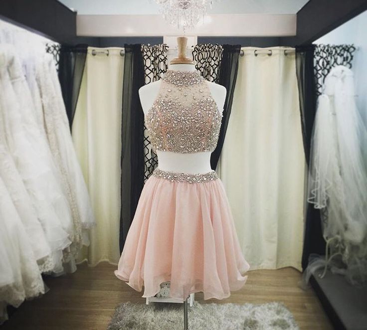 Two Pieces Short Homecoming Dresses,high Neck Skin Pink Homecoming Dresses,beaded Crystals Short Prom Dresses ,2 Pieces Prom Gowns,cocktail