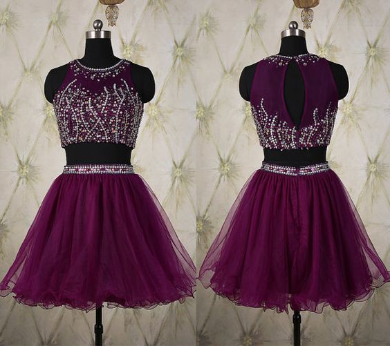 Grape Purple Two Pieces Homecoming Dresses,High Neck Mid Section Short ...
