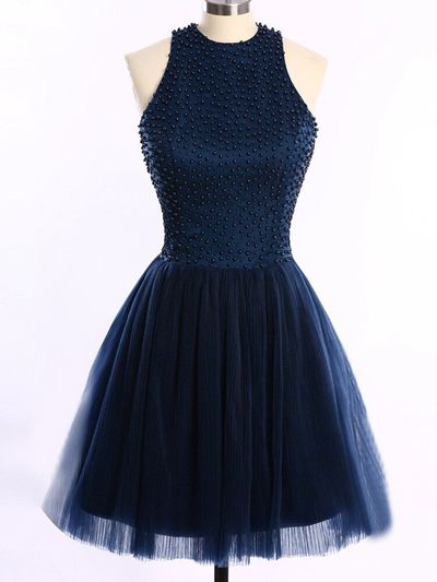 Short Homecoming Dresses ,navy Blue Tulle Homecoming Dress,high Neck Bodice Short Prom Dresses,open Back Party Dress, Backless Homecoming Dresses