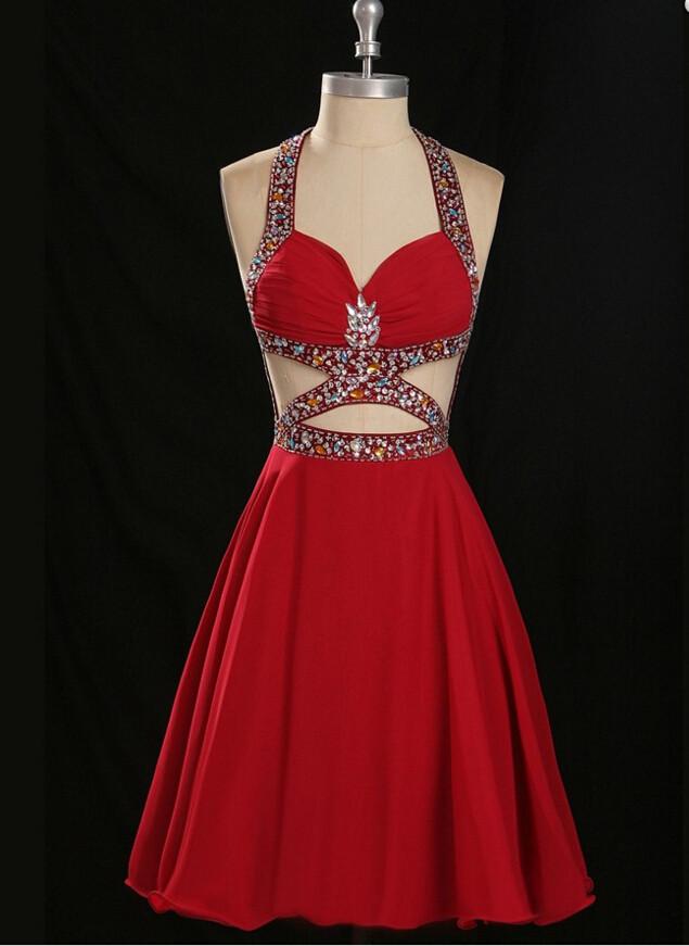 Sexy Red Chiffon Homecoming Dresses ,open Back Halter Homecoming Dress,backless Short Prom Dresses,custom Made Party Dress,graduation