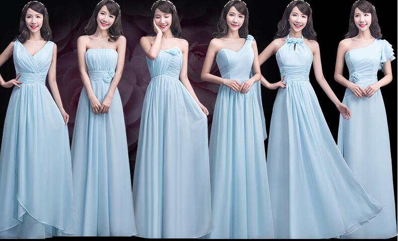 Elegant Sky Blue Chiffon Bridesmaid Dresses,custom Made Ruffles Long Bridesmaid Dress Mismatch Maid Of Honor Dress Girls Group Dresses,one