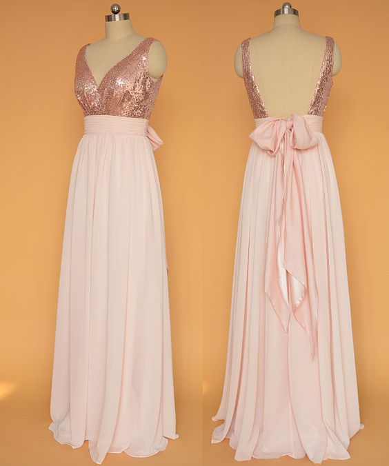 V-neck Rose Gold Chiffon A-line Floor-length Dress Featuring Sequinned Bodice And A Back Bow