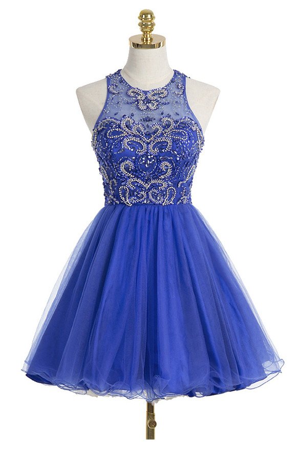 Royal Blue Short A-line Tulle Homecoming Dress Featuring Halter Neck And Open Back Beaded Embellished Bodice