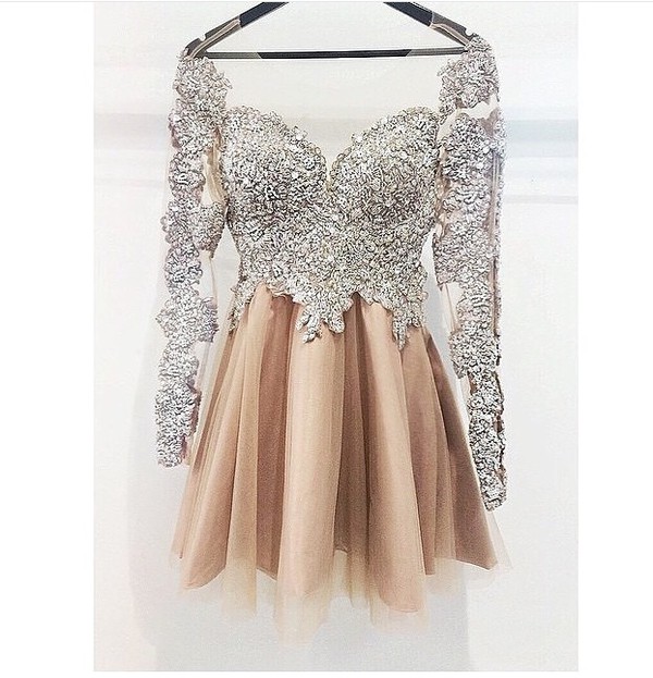 Silver Lace Beadings Champagne Skirt Homecoming Dresses ,long Sleeves Mini Length Homecoming Dress Short Prom Dresses, Party Gown Cocktail