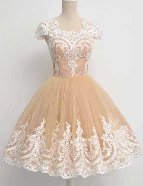 Ivory Lace Champagne Homecoming Dresses Prom Gowns,cap Sleeves U Neck Homecoming Dress Ball Gown,graduation Dresses,plus Size Homecoming