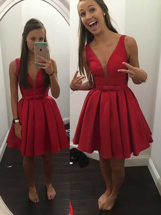 short red satin cocktail dress