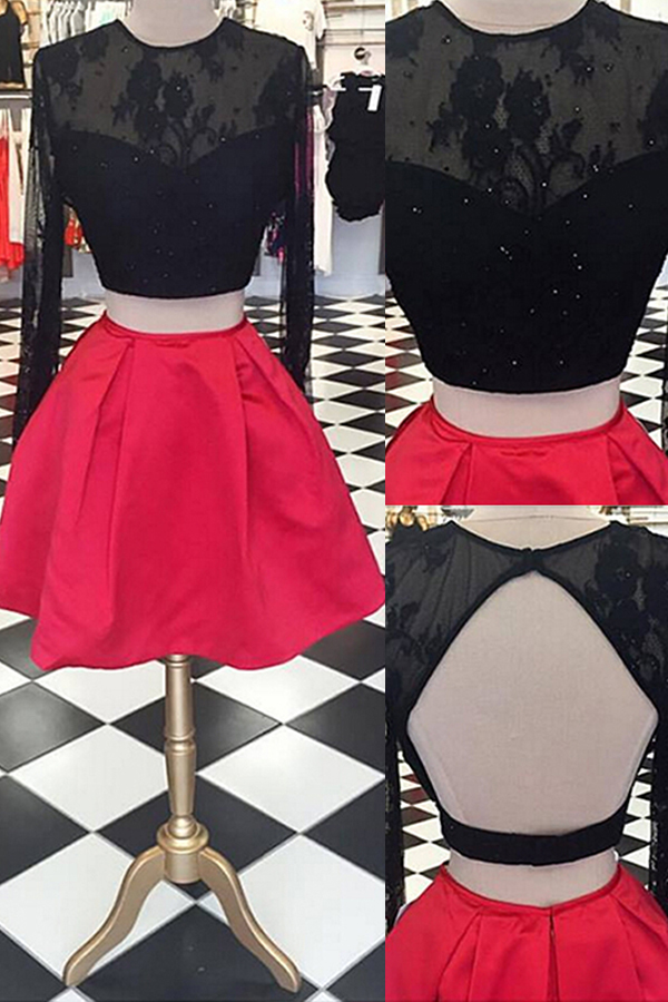 Black Lace Red Skirt Homecoming Dresses ,two Pieces Homecoming Dresses Prom Gowns ,2 Pieces Long Sleeves Homecoming Dress,backless Short Prom
