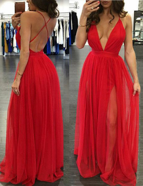 red open back prom dress