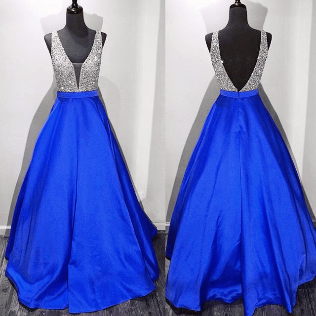 Royal Blue Prom Dress ,deep V Neck Prom Dresses,off The Shoulder Backless Prom Gowns,back V Evening Gowns,beaded Long Ball Gown Party