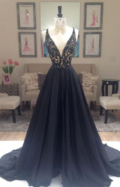Black Prom Dress, A Line Prom Dresses, Deep V-neck Prom Gown, Black Evening Dresses, Lace Formal Dresses, Sexy Party Dresses, Prom Dress