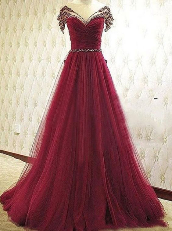 Ball Gown Prom Dresses,Tulle Prom Dress,Beading Prom Dresses,Red Evening Dress, A Line Formal Dresses, Prom Dress