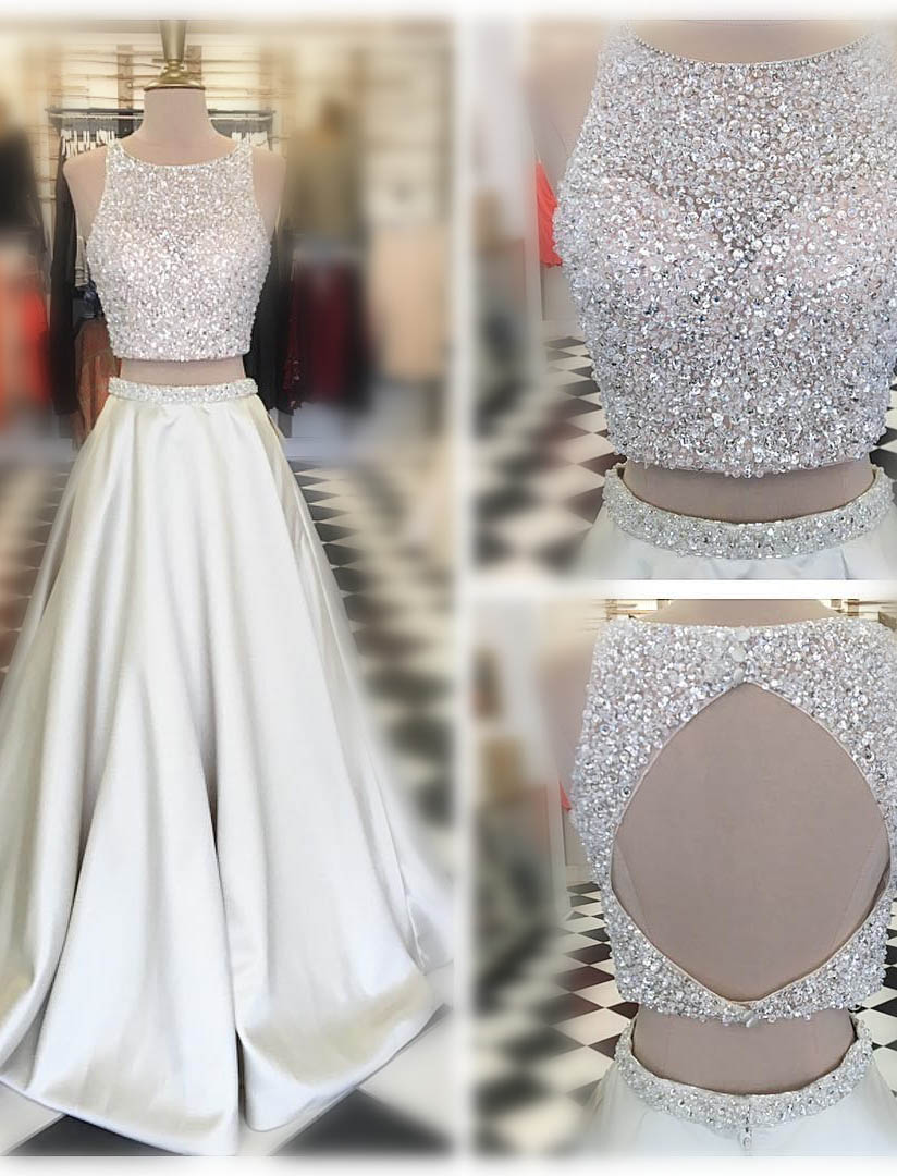 Two-piece Formal Dress Featuring Glitter Halter Crop Top And Satin Floor Length Skirt