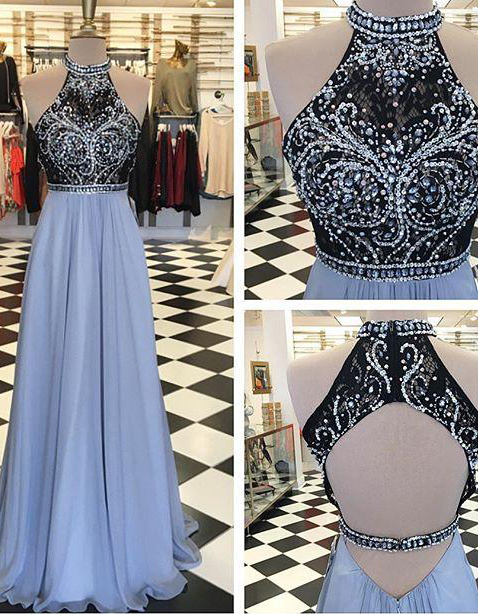 Long Prom Dress 2017, Chiffon Prom Dress, Beading Prom Dress With Open Back, A Line Prom Dress, Long Evening Dresses, Prom Dress