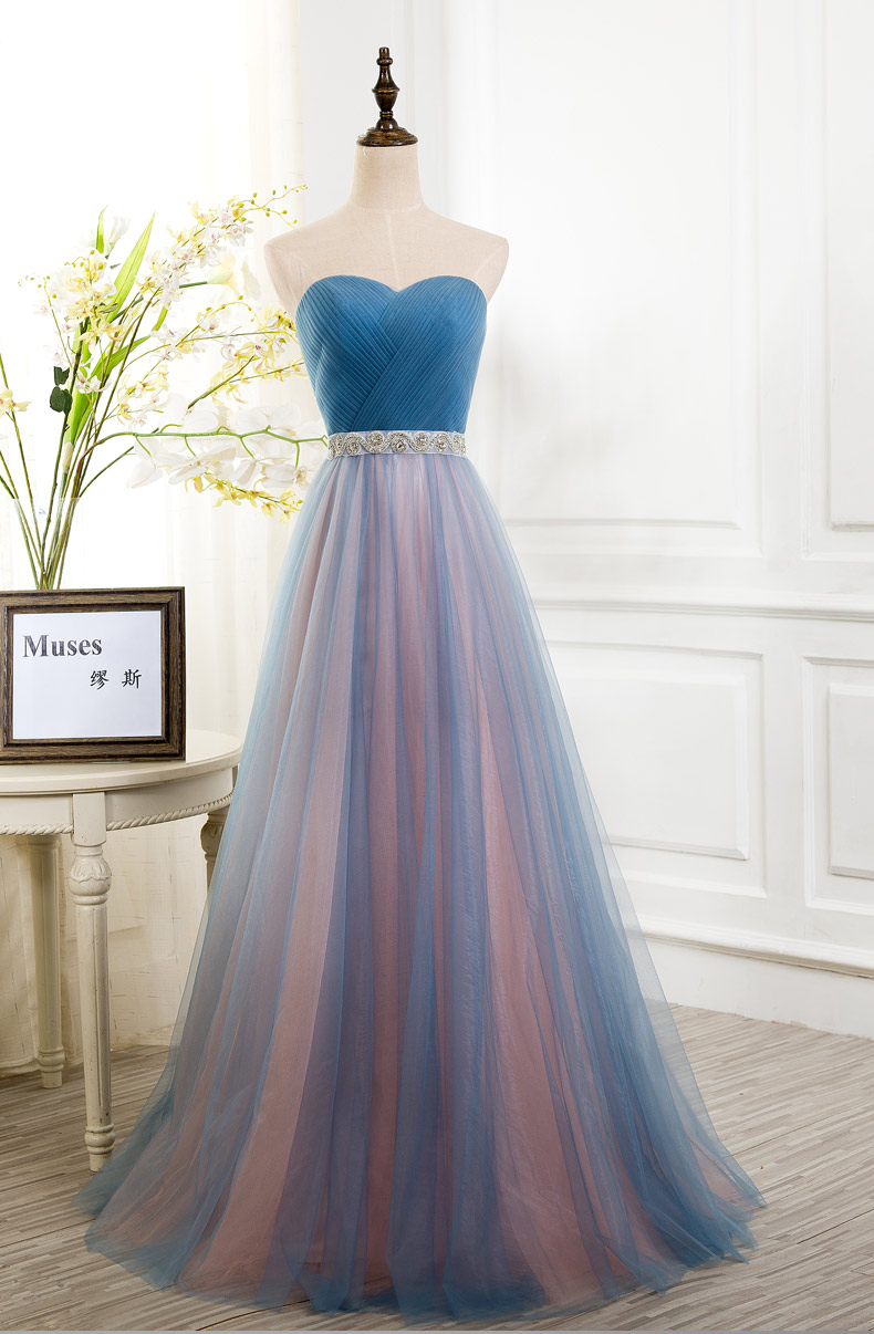 Sweetheart Bridesmaid Dresses, Blue Peach Tulle Strapless Bridesmaid Dresses, Long Bridesmaid Dress, Pleated Sexy Party Formal Gown, A Line Prom