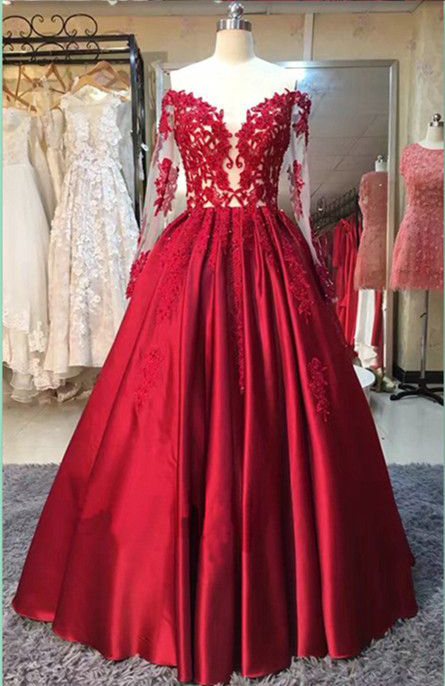 Red Prom Dress,ball Gown Prom Dresses, Long Sleeve Prom Dress,applique Prom Dresses,formal Evening Dress,wedding Party Dress, Sexy Prom Dresses,