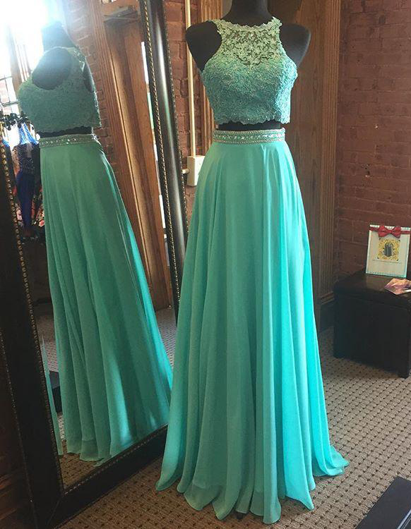 Mint Green Prom Dresses,two Piece Prom Dress, Keyhole Back Formal Gown, Lace Evening Dresses,a Line Prom Gown,chiffon Prom Dress,prom Dress