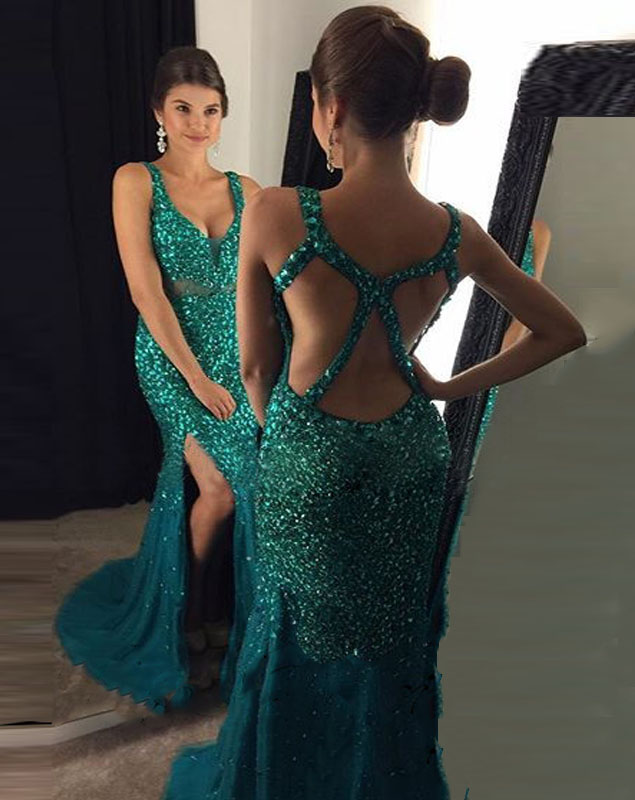 emerald green backless prom dress