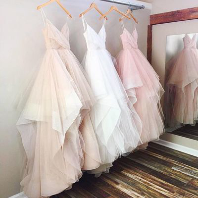 Gorgeous A-line V-neck Wedding Dress Spaghetti Straps Wedding Dresses, Long Wedding Dress,2017 Ball Gown Wedding Dress,pink Wedding Dress,white