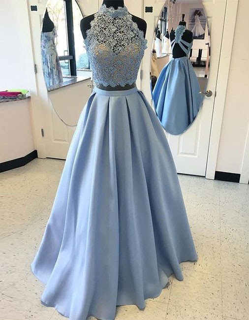Blue Prom Dresses,two Pieces Prom Dresses, Lace Long Prom Dress, A-line Prom Dress, Backless Prom Party Dress, Sexy Evening Dress, 2 Pieces Prom