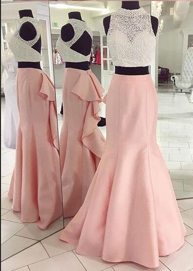 Mermaid Prom Dress, Sexy Prom Dress,two Piece Prom Dress,long Prom Dress 2017, Pink Prom Dress, Beading Prom Dress, Semi Formal Prom Dress, Long