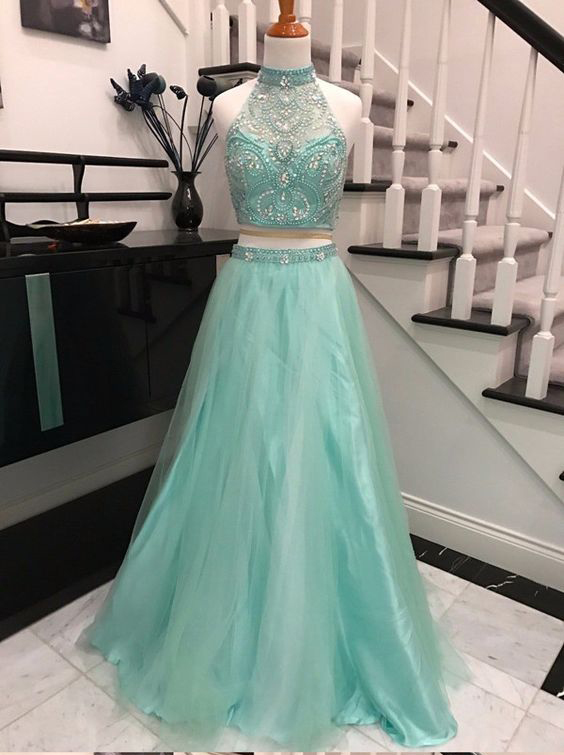 Backless Prom Dresses,beaded Prom Dress,two Pieces Evening Dress,2 Pieces Evening Dress,two Pieces Prom Dress,high-neck Prom Dresses,long Prom
