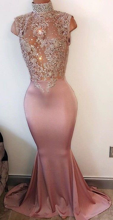 Sexy Prom Gowns,pink Prom Dress,lace Prom Dresses ,long Formal Dresses,mermaid Evening Dress,high Neckline Formal Dress,beading Prom Dresses