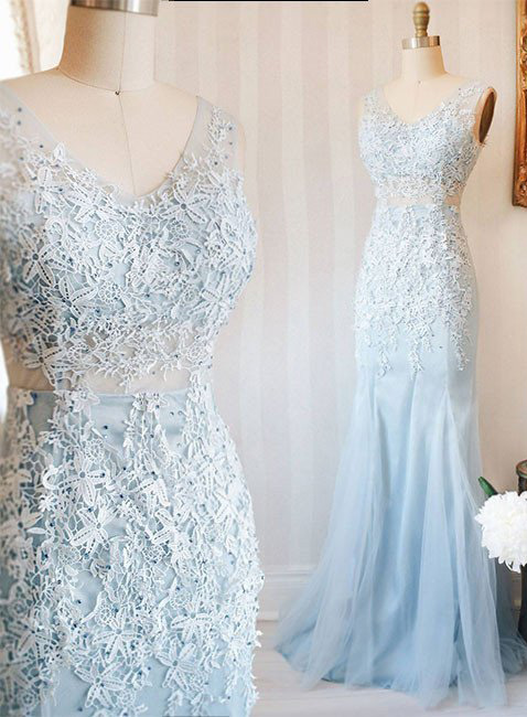 Blue Prom Dresses, V Neck Prom Dress, Lace Prom Dresses,tulle Long Prom Dress, Blue Lace Evening Dress,mermaid Prom Dresses,prom Dress