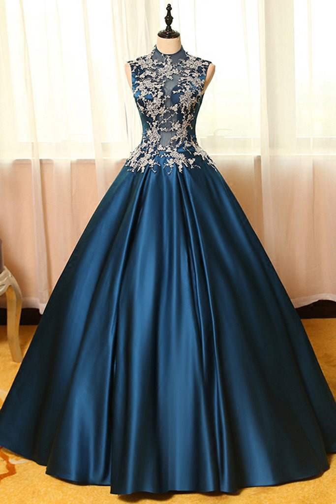 Blue Prom Dreses,satins Prom Gown,ball Gown Prom Dresses, Lace Applique Prom Dress,a-line Long Prom Dresses,ball Gown Dresses,prom
